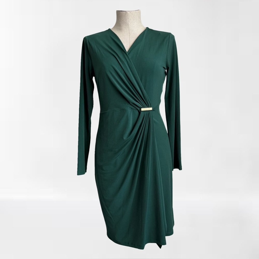 MICHAEL KORS Emerald Green Faux Wrap Dress with Gold Hardware